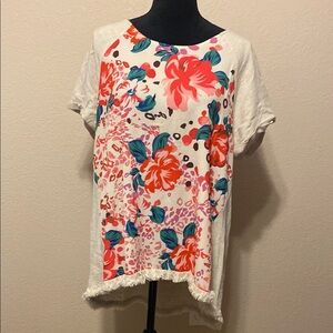 Cream and Pink Linen Cuffed Sleeve Blouse with Relaxed Boxy Fit